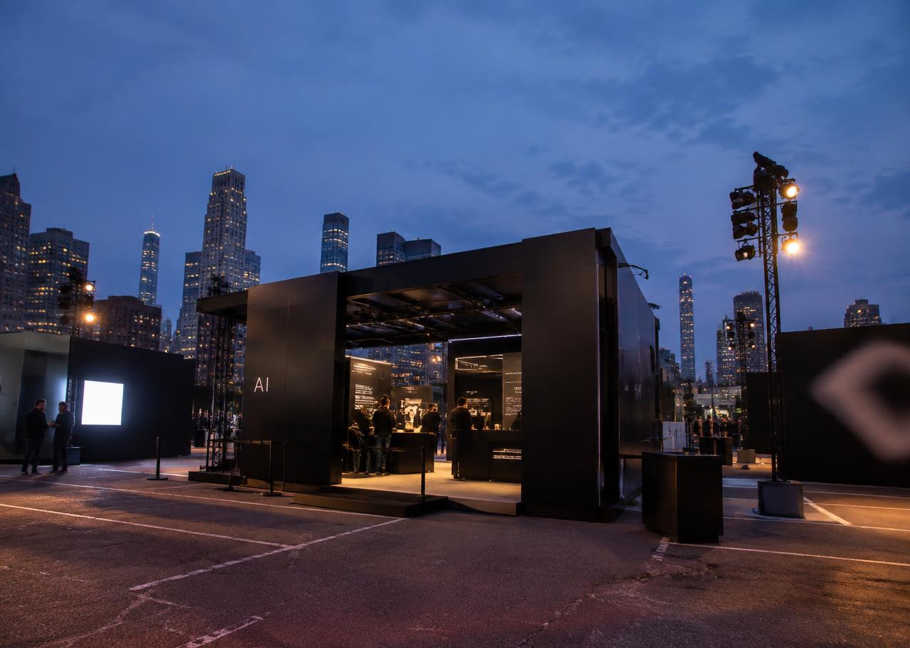 Brand activation pop-up structure in a city parking lot at dusk