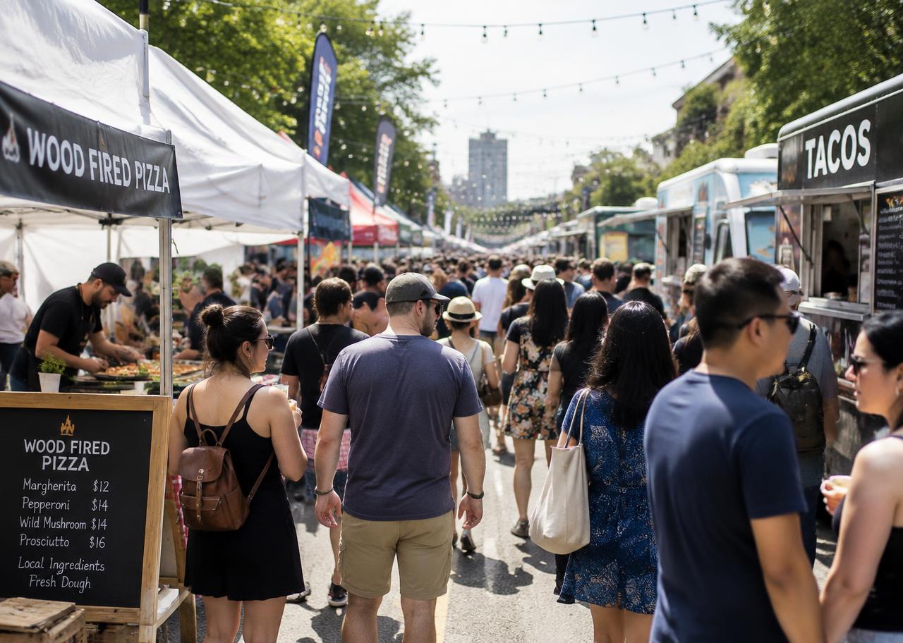 Crowded food festival with vendor tents and food trucks