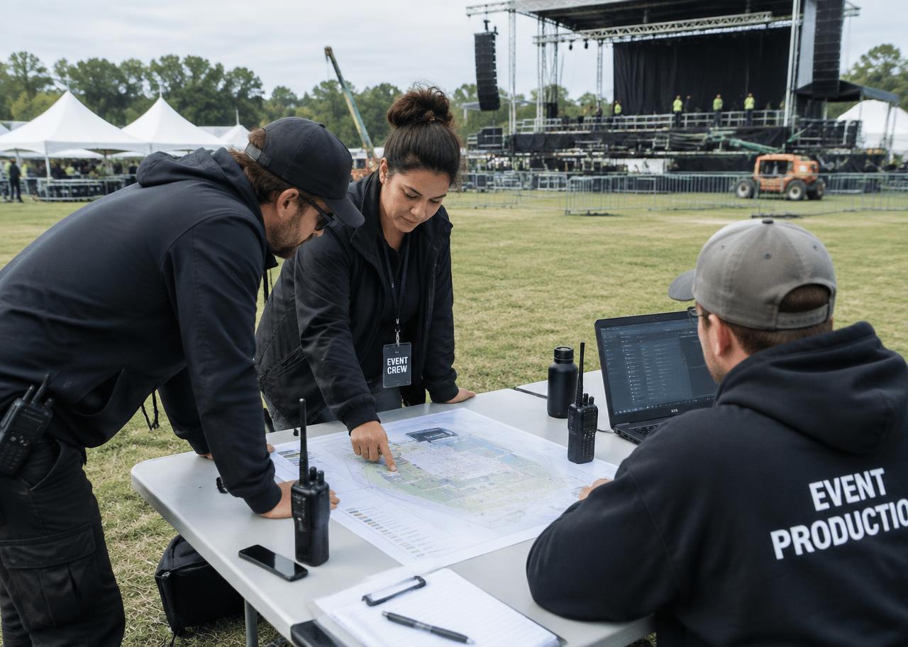 Event operations team reviewing plans with a stage build behind them